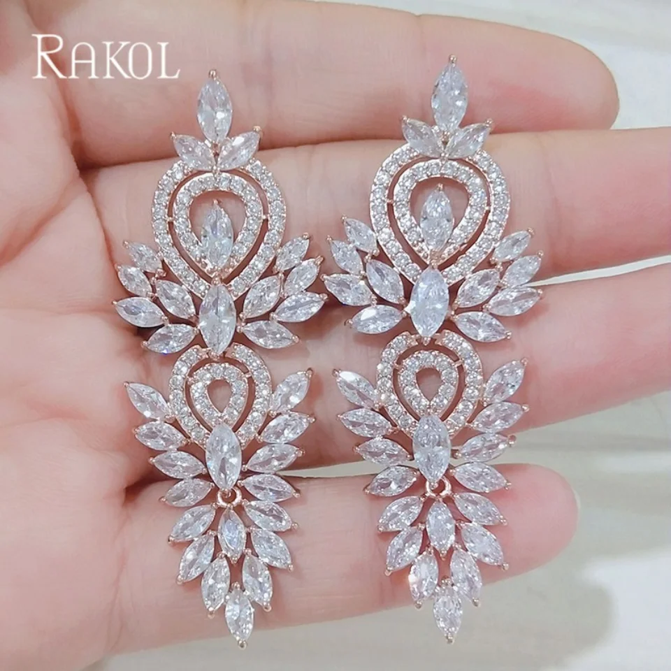 RAKOL Luxury Long Dangle Earring for Women Sophisticated Cubic Zirconia Crystal Jewelry Bridal Wedding Party Dress Accessories