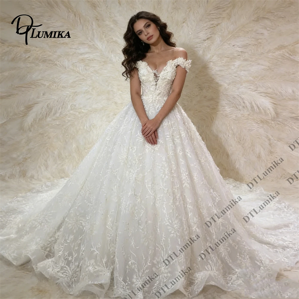 

DTLumika Luxury Embroidered Bridal Gown, Off Shoulder Tulle Ball Gown with Lace Detailing & Sweep Train, Made to Order