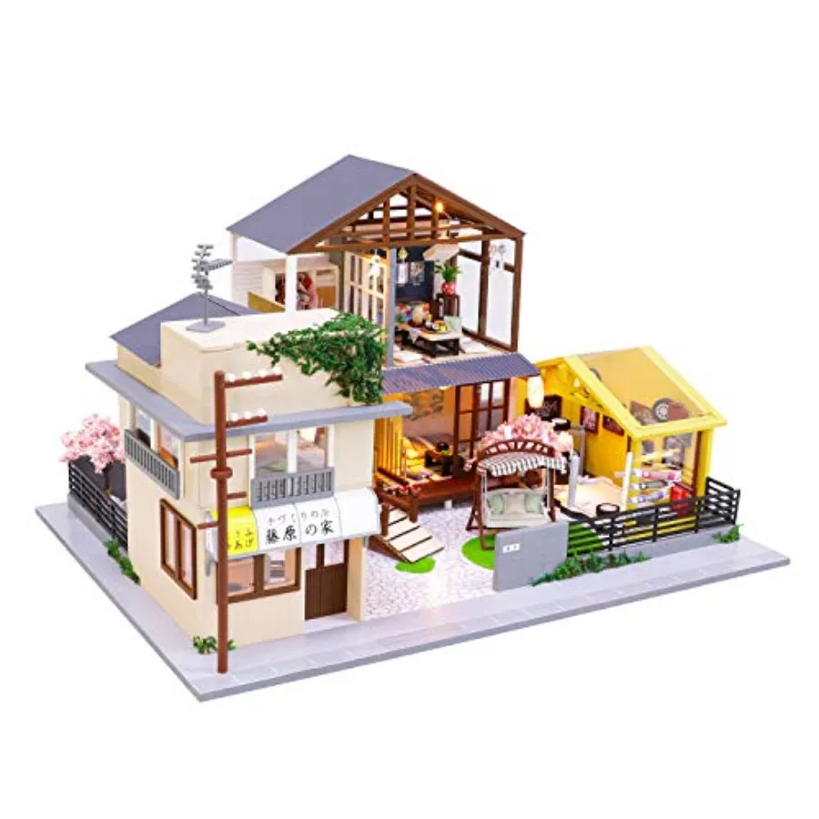 

DIY miniature dollhouse kit for home decoration, wooden Japanese-style tofu shop and garage, beige and brown, includes dust cov