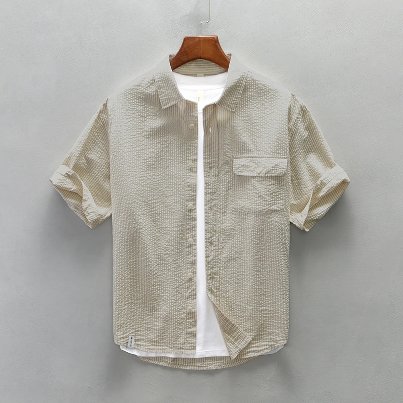 Seersucker-camisas informales a rayas para hombre, camisa de manga corta a la moda, holgada, con botones, talla grande