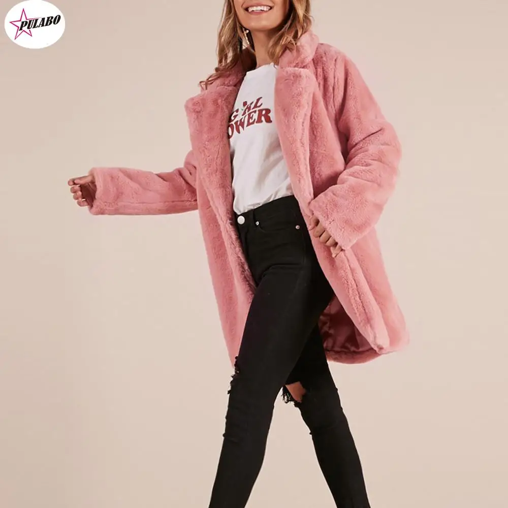 PULABO Thicken Faux Fur Coat Women Autumn Winter Warm Soft Loose Fleece Faux Jacket Lady Mid-length Lapels Plush Casual Overcoat