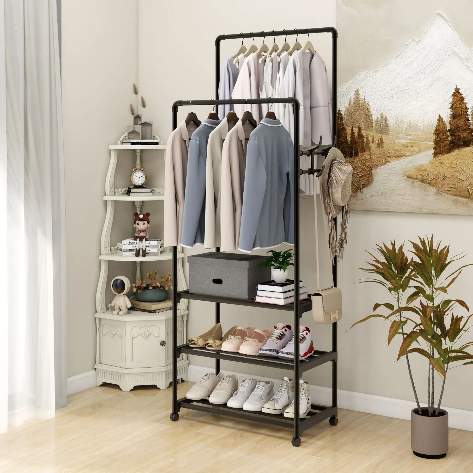 Hot Coat Rack Movable Double Clothes Shelf Simple Rod Clothes Floor-Standing Bedroom Telescopic Floor Hangers Storage Coat Rack