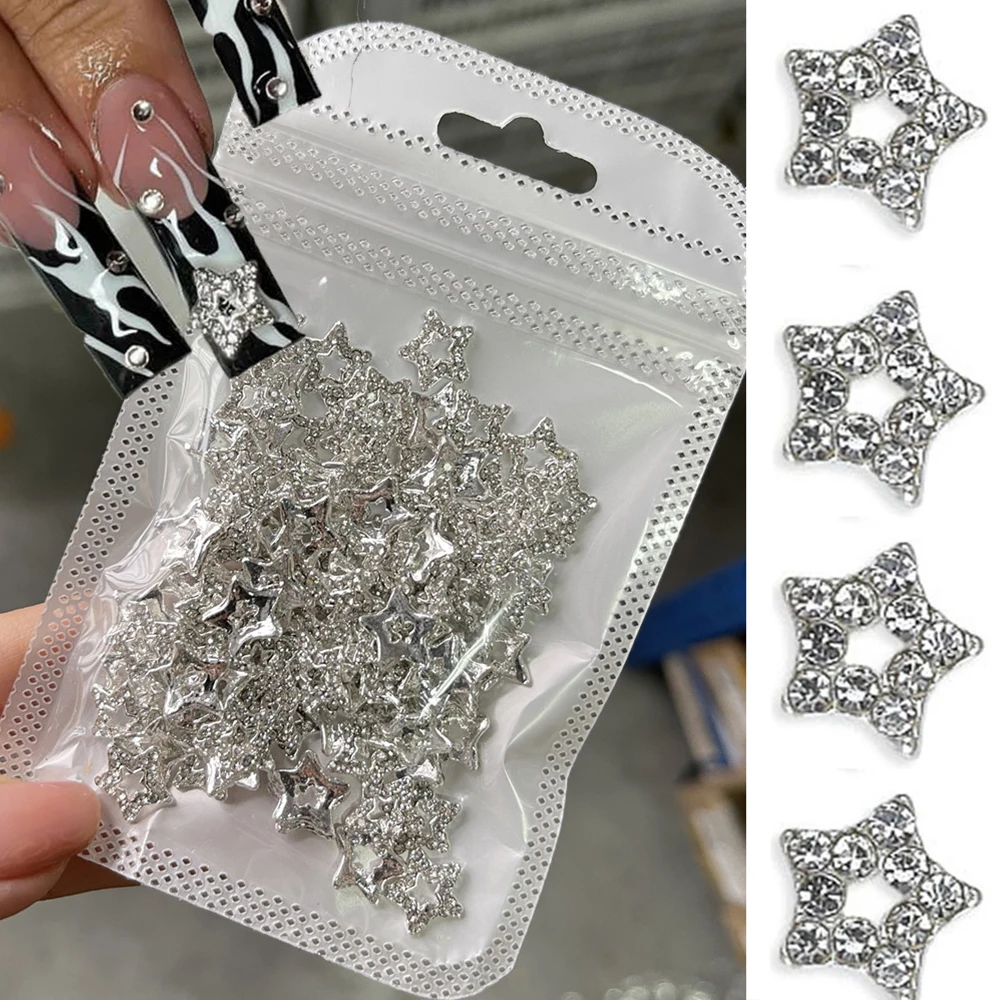 10 pz 3D argento pentagramma stella Nail Art lega strass lusso metallo stella Charms unghie gioielli gemma Manicure Nail Art decorazione