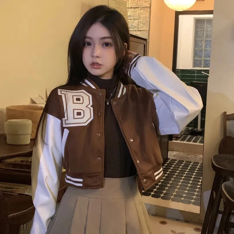 Gidyq Brown Warm Baseball Jacket Women Autumn New Patchwork Button Crop Top Korean Sweet Preppy Style Long Sleeve Female Coat