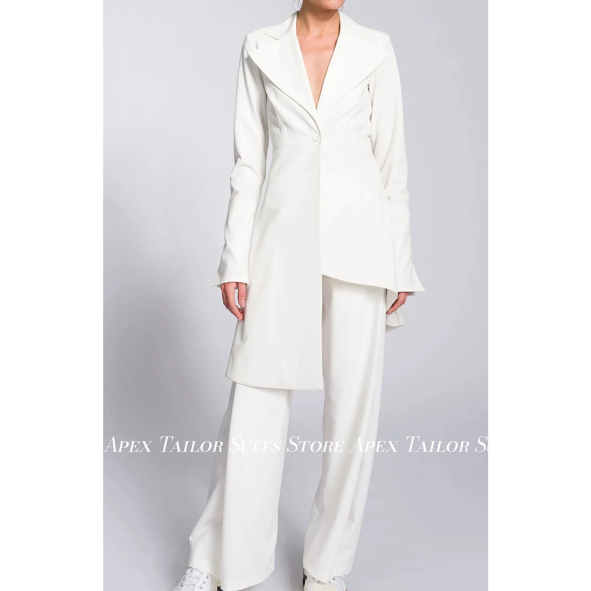 Women White 2 Pieces Suit Set Irregular Long Blazer Wide Leg Pants One Button Notched Lapel Office Ladies Business Outfit