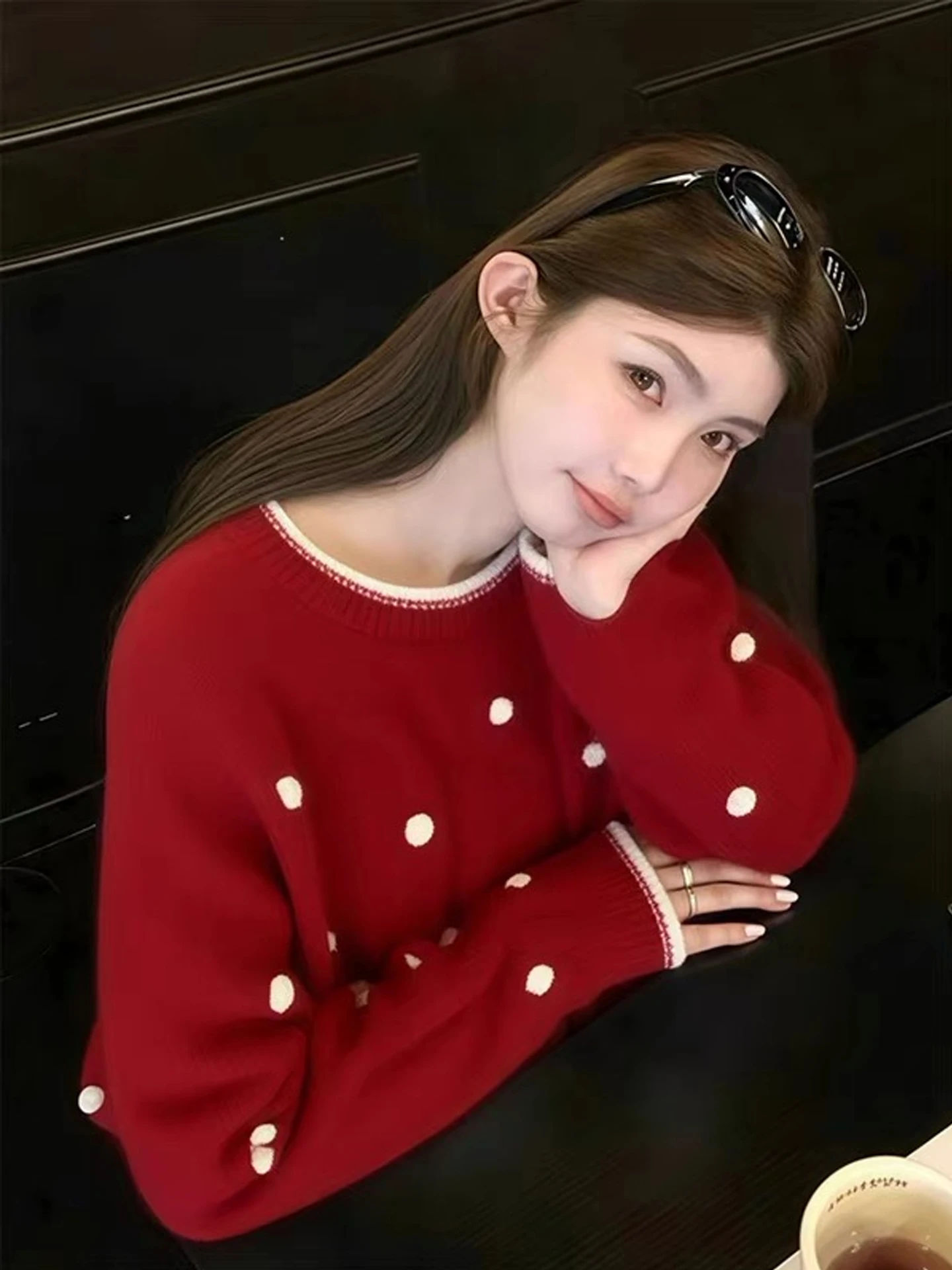 السنة الجديدة الأحمر البولكا نقطة محبوك سترة المرأة الخريف الشتاء لينة مريحة الجولة Ne الدفء الحد من العمر أعلى Faionable