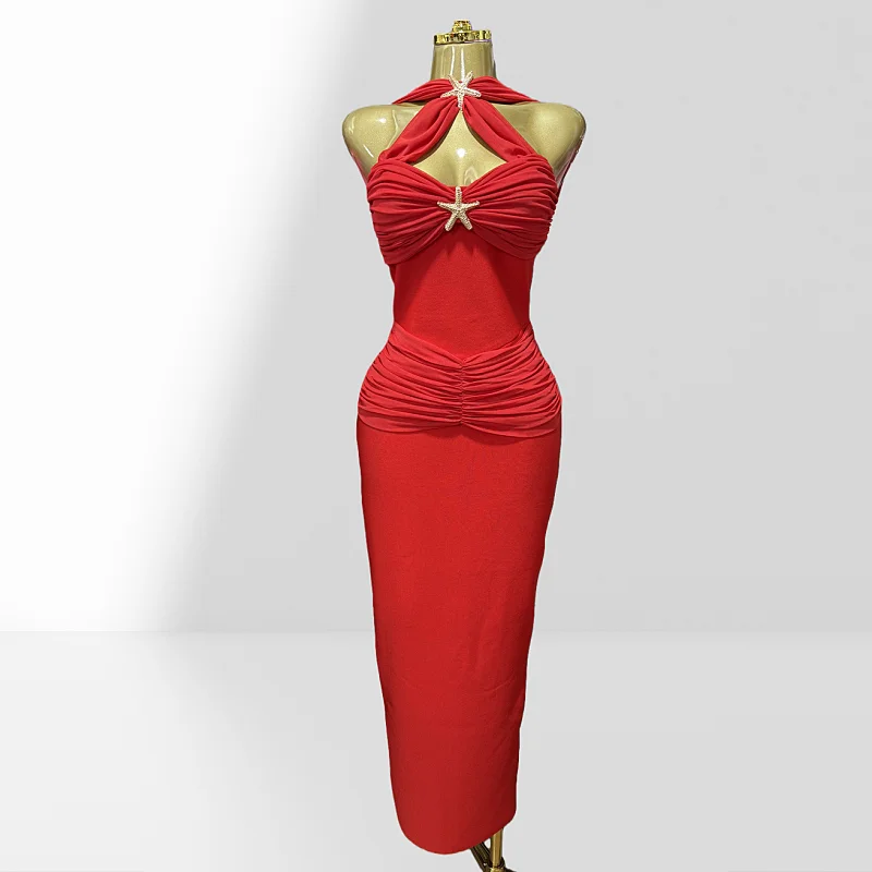 

Golden Seastar Cross-over Collar Sleeveless Bodycon Red Long Bandage Dress Fashion Woman Birthday Party Dress Vacation Outfit