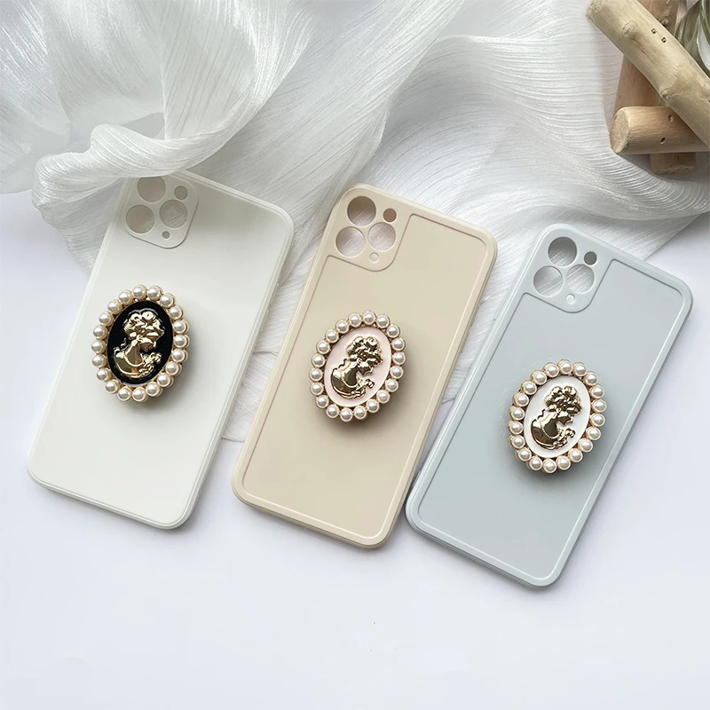 Korea Metal Glossy Pearl Beauty Expandable Socket Phone Holder Grip Finger Ring Foldable Support Stand Accessories