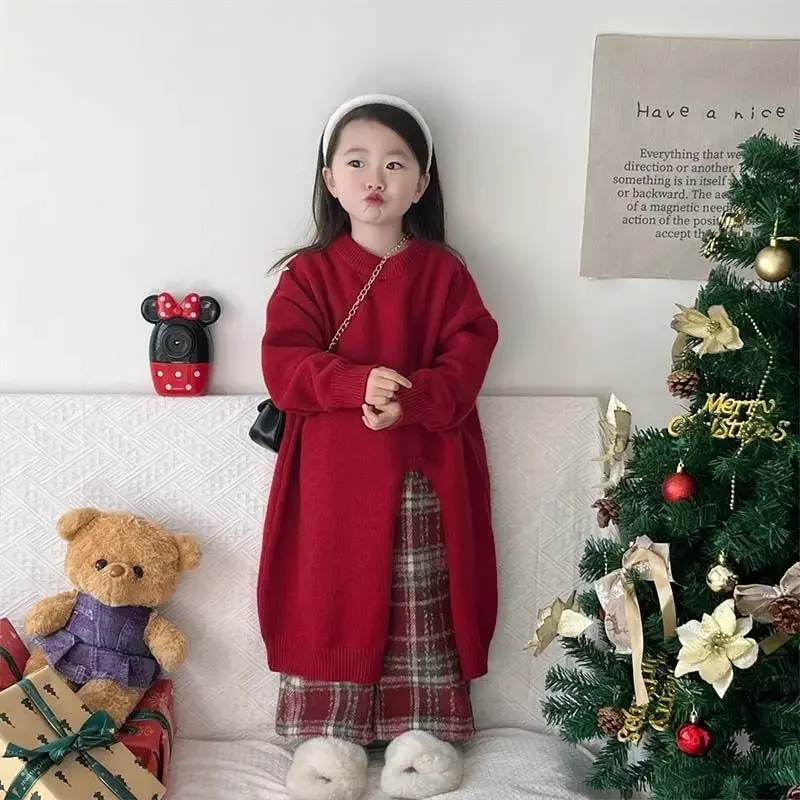 2026 Girls Red Side Split Knit Dress Loose Baby Winter Autumn Sweater Party CNY Outfit