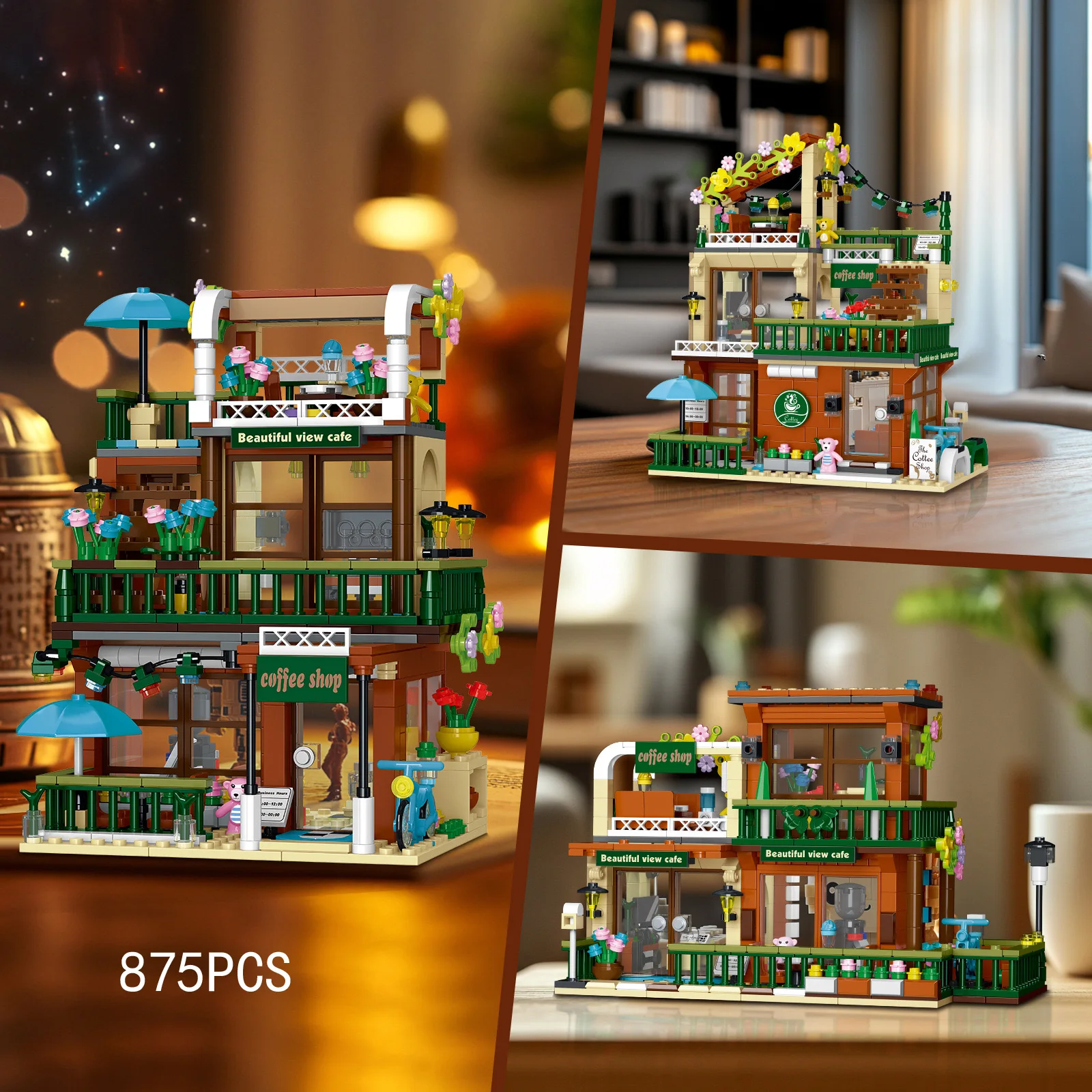

Creative Streetscape Building Block Coffee Shop Construction Brick City Street View Cafe 3 Modes Model Sets Toys With Light