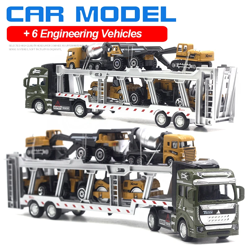 7 in 1 Transport Truck Toy Alloy Pull Back Function Carrier Truck Model Toy with 6 Small Engineering Vehicles toy for boys B055