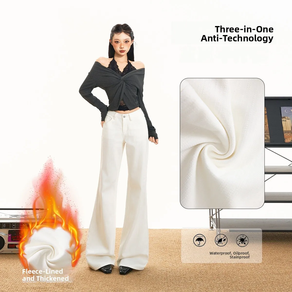 

High Waist Flared Fleece Lined Loose Floor Length Casual Versatile Women's Jeans Trousers Trendy Orange Series
