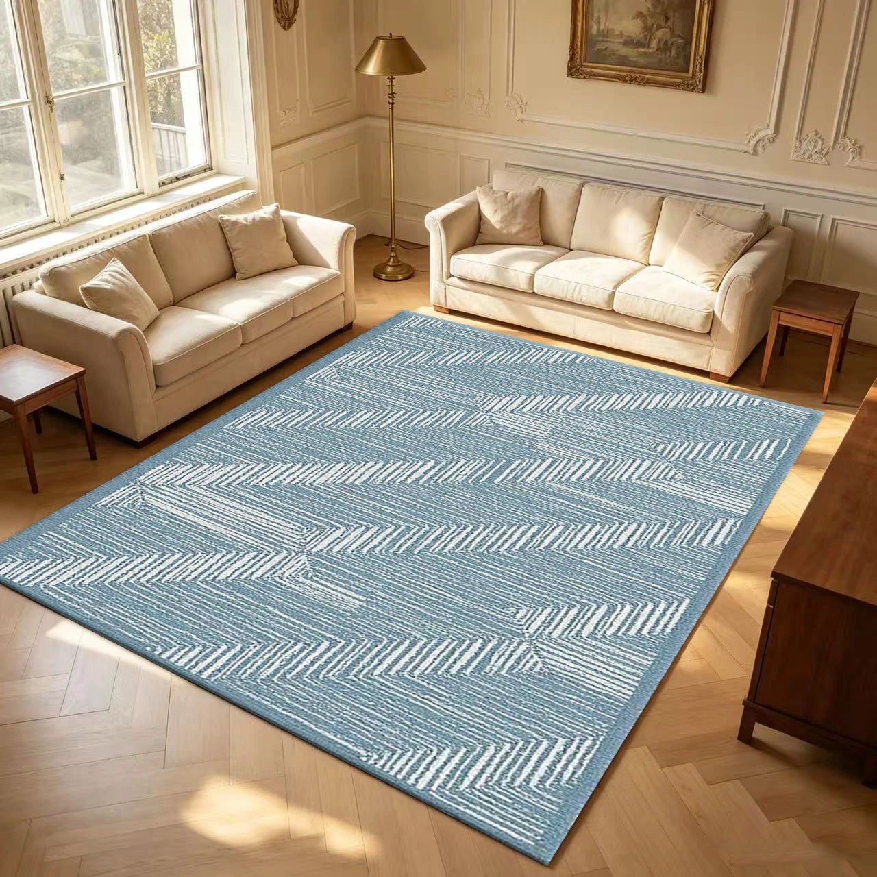Light Blue White Chevron Zig‑Zag carpet flooring Minimalist Geometric Area Rug