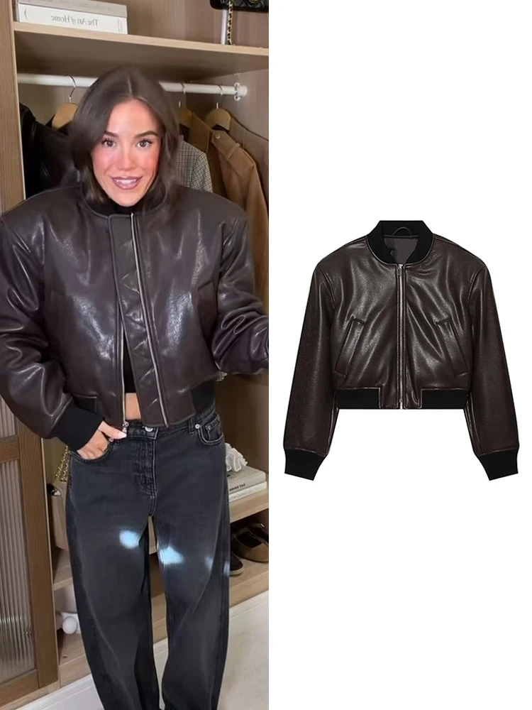 Women's Padded Shoulder Aviator Leather Jacket 2026 Autumn Winter Fashion Trend Classic Casual Faux Leatheer Short Street Jacket