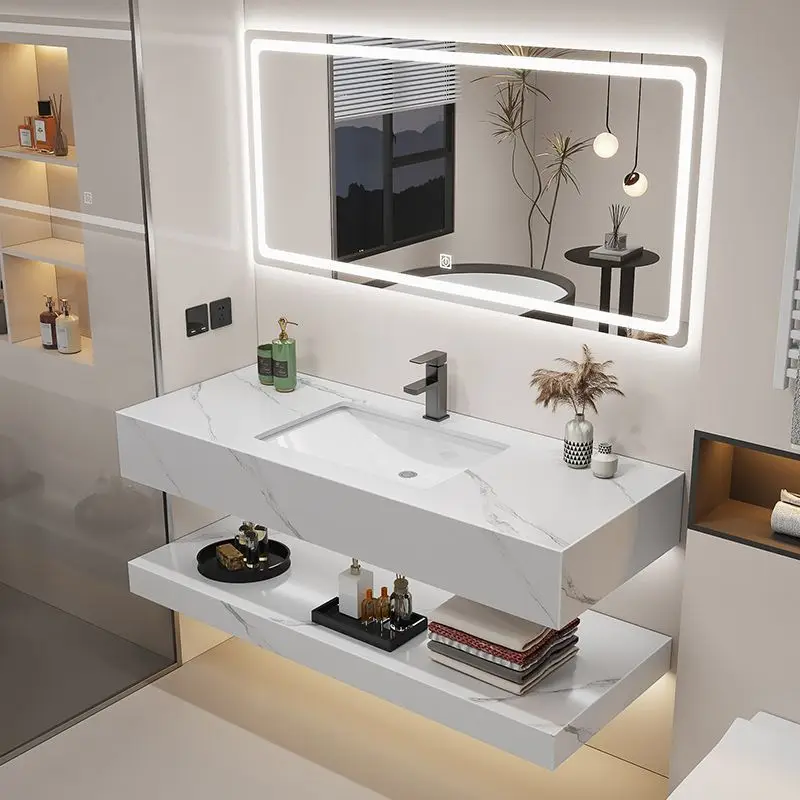 Hotel-style cabinet and washbasin bathroom Nordic style double-layer sintered stone washbasin cabinet combined counter