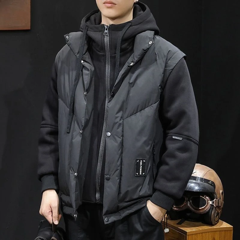 Męska kurtka z kapturem, imitacja dwuczęściowej, ocieplana bawełną, nowa, modna, markowa odzież robocza, bluza z kapturem, patchworkowy płaszcz, duży rozmiar, modny płaszcz.