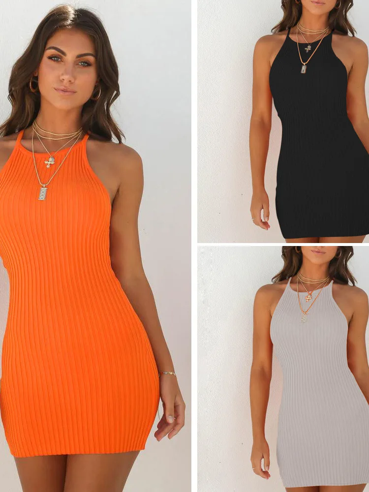 

Летнее сексуальное платье-слинг в рубчик, средней длины, из полиэфирного волокна, А-силуэт, для женщин 20-х лет