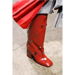 Metal Circle Rivets Decor Red Black Square Toe Boots Slip On Women Shoes Chunky High Heels Novel Runway 2023 Zapatos Para Mujere