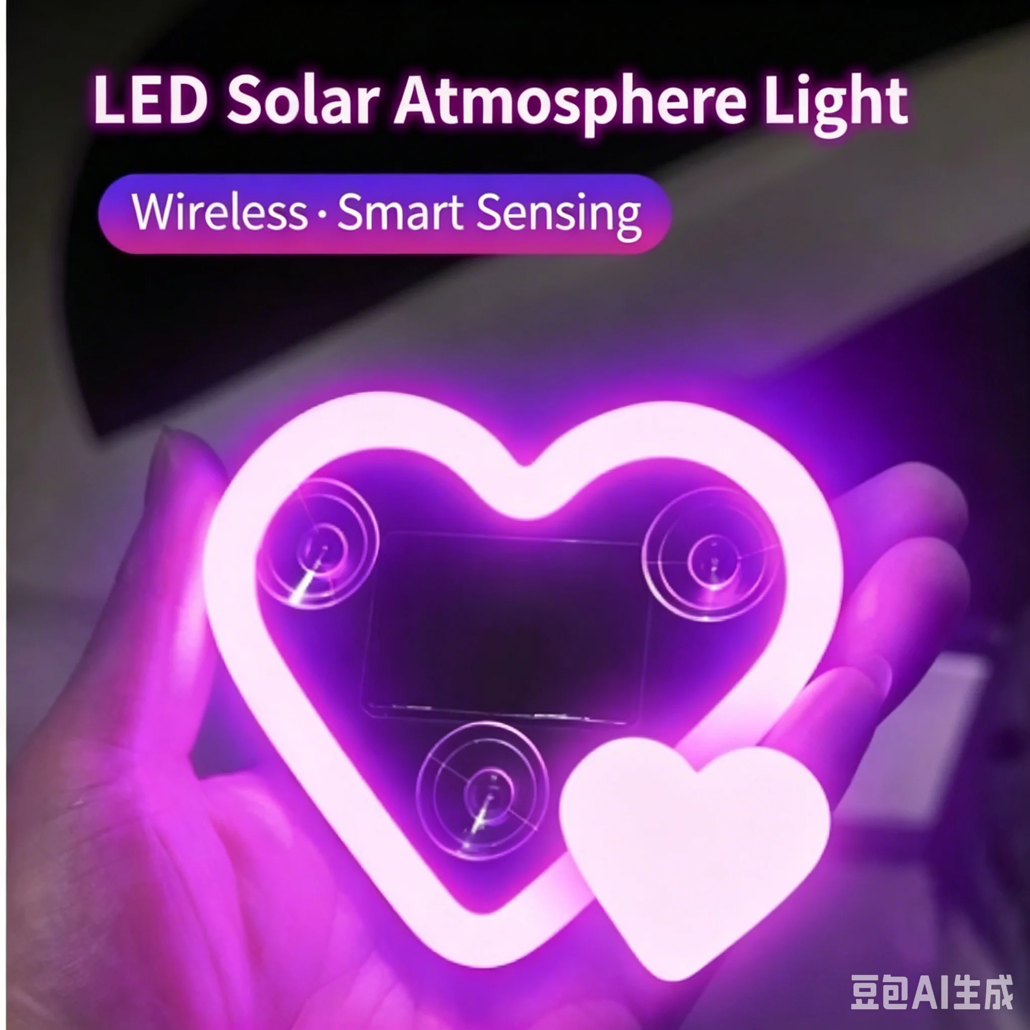 Solar Powered Car Neon Light Wireless Cute Heart Shaped Led Ambient Light Suction Cup USB Rechargeable Atmosphere Breathing Lamp image 3