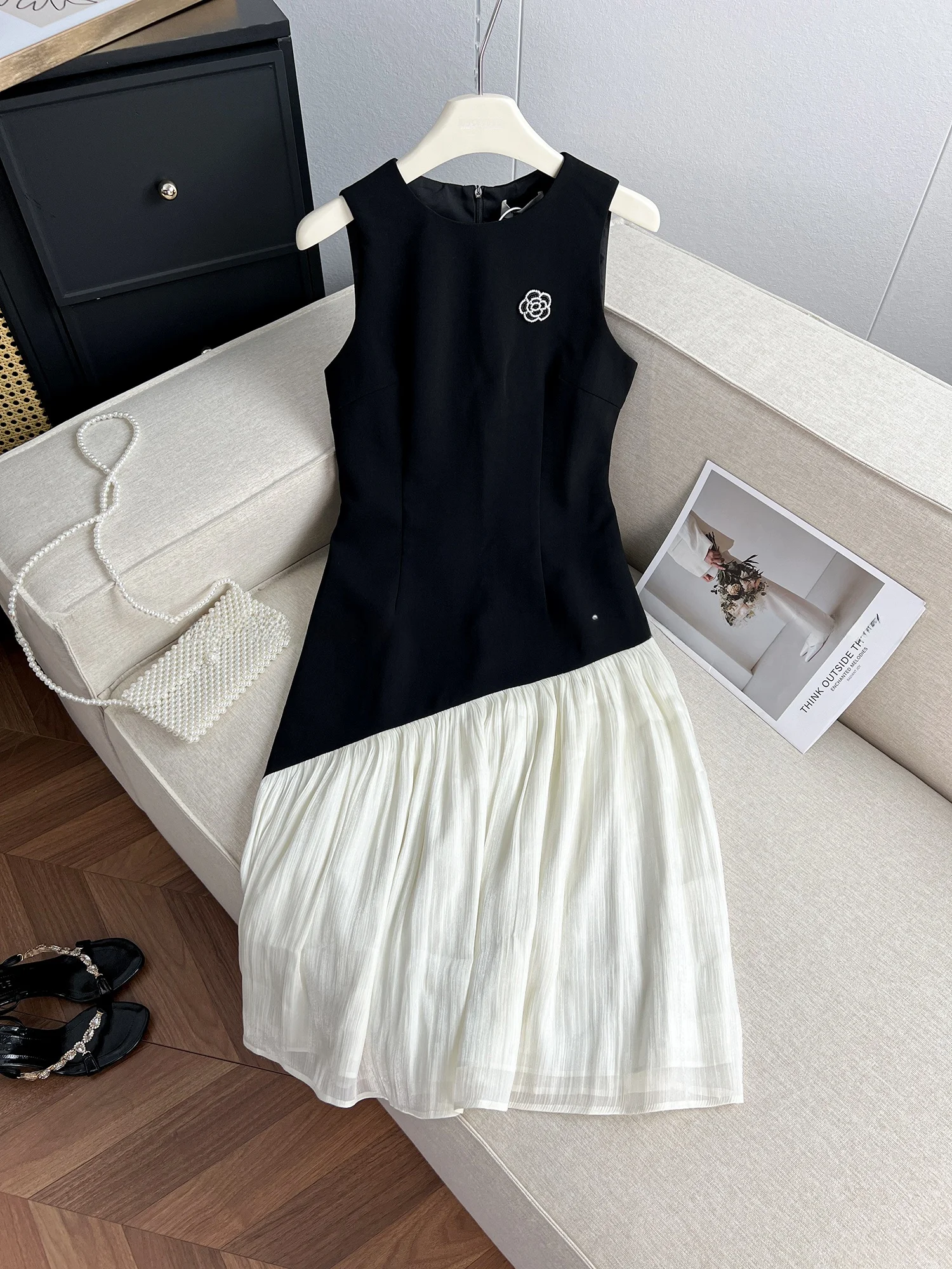 

Faionable Summer New Light Maturi Me Splicing Beads Flower Svel Vest Dr Women High Waist French Sle A-Line S...