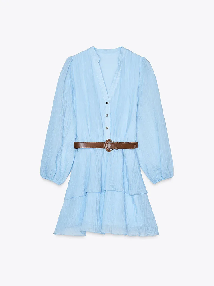 Primavera nova chegada feminina dr v-ne com cinto em camadas decorativas rua sle longo sve casual faion design