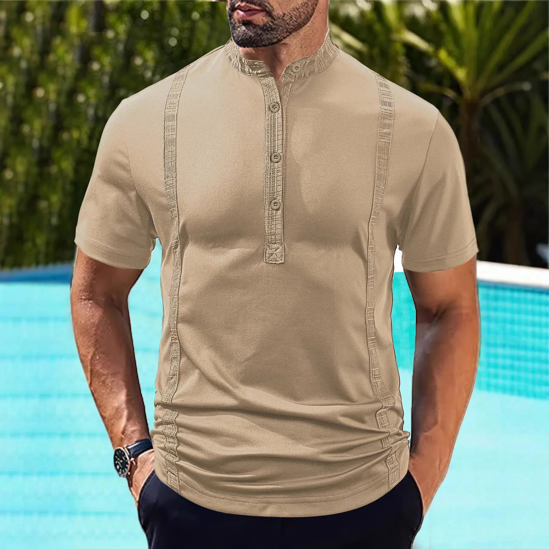 Men Stand Collar Half Button Short Sleeve Shirt Decor Stripe Solid Color Summer Casual Tops