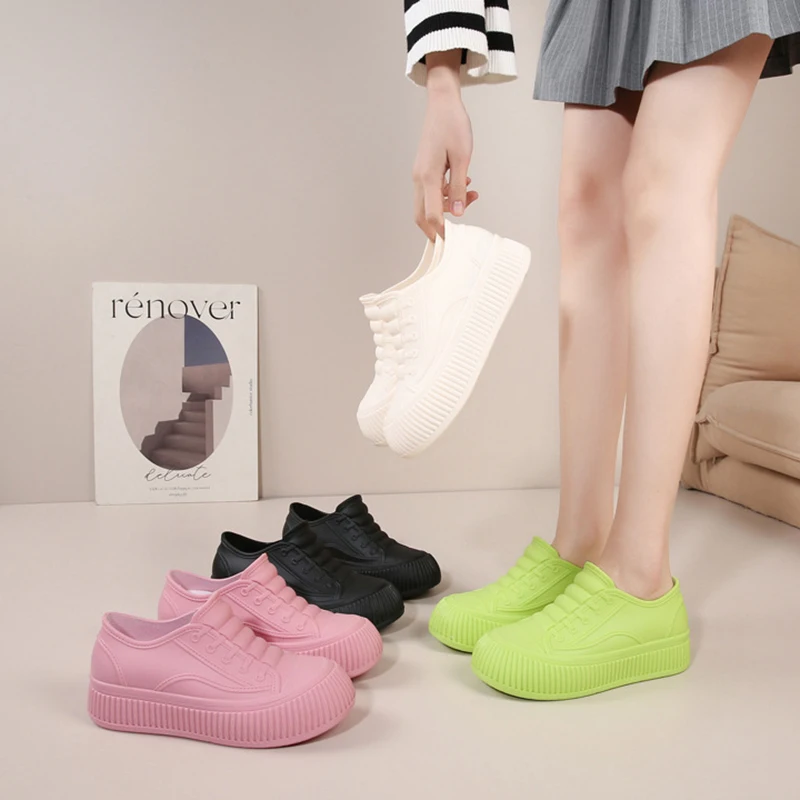 New Women's Inner Heightening Waterproof Shoes Fashionable Casual Non-slip Rain Boots Four-season Short-tube Slip-on Rubber Shoe