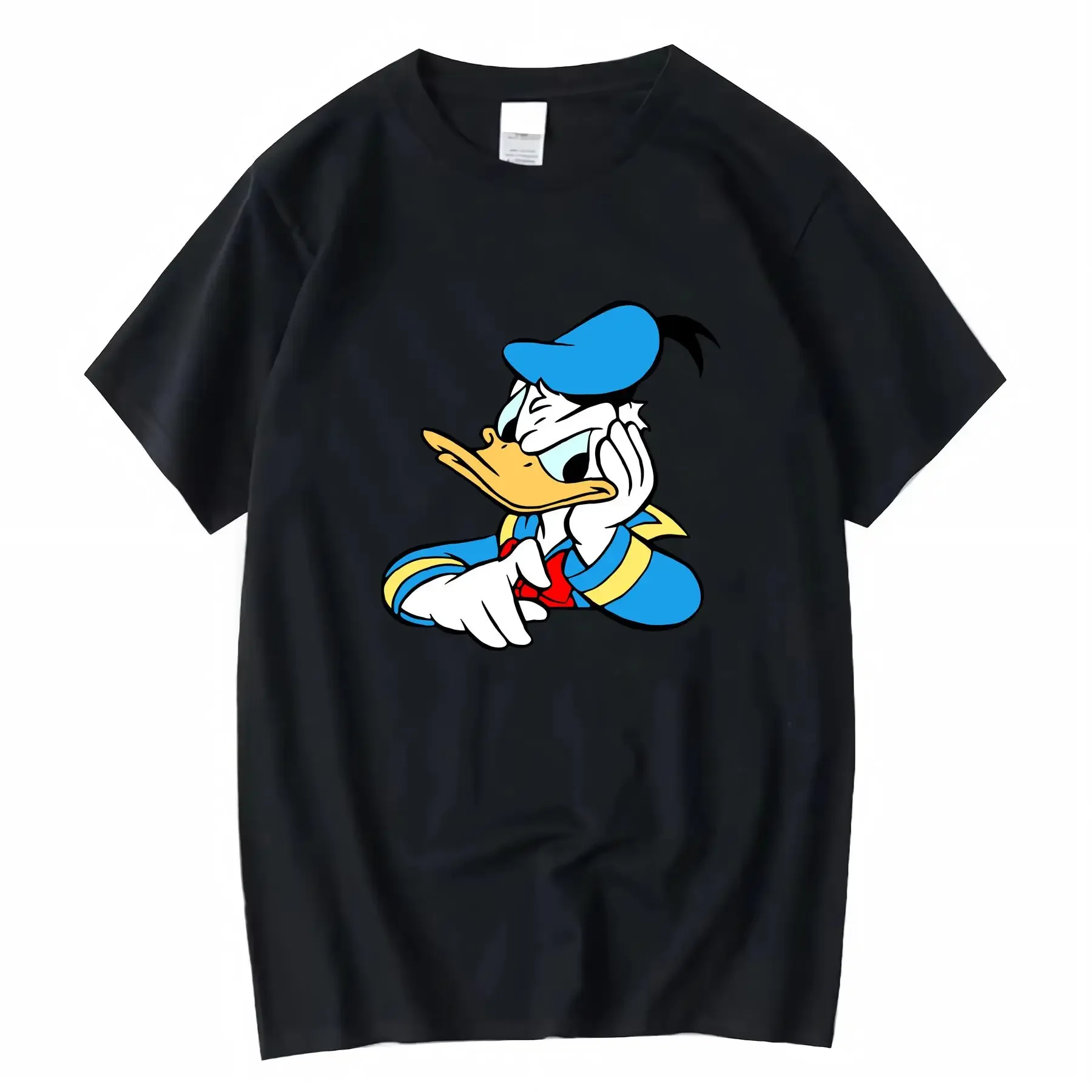 

Disney Donald Duck Cartoon Print Women's Cotton T Shirt Black Casual Crewneck with Geometric Design Machine Washable All