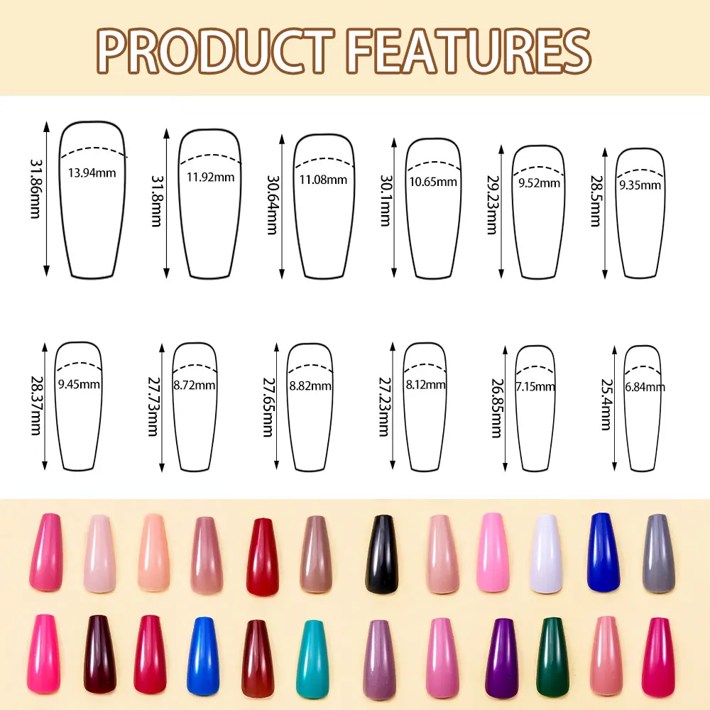 576pcs 24*24 Solid Color Press On Nails Glossy Long Coffin Fake Nails Nude Full Cover False Nail Tips For Women Girls Nail Art *