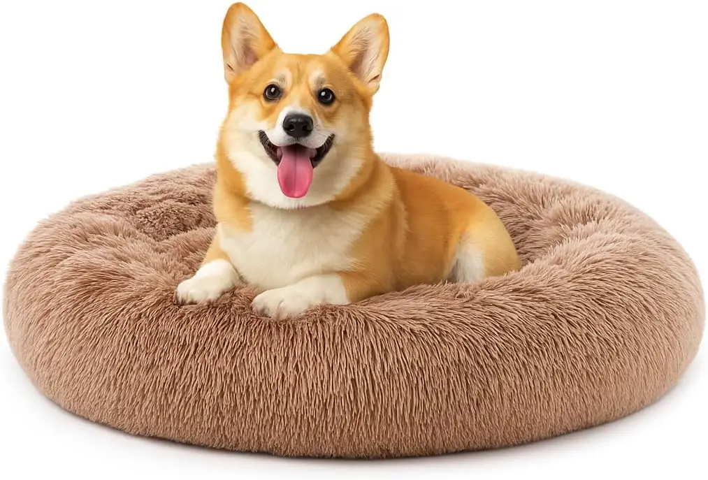 Dog & Cat Bed, 24in Washable Cooling Donut Pillow for Small Medium Dogs and Cats, Brown