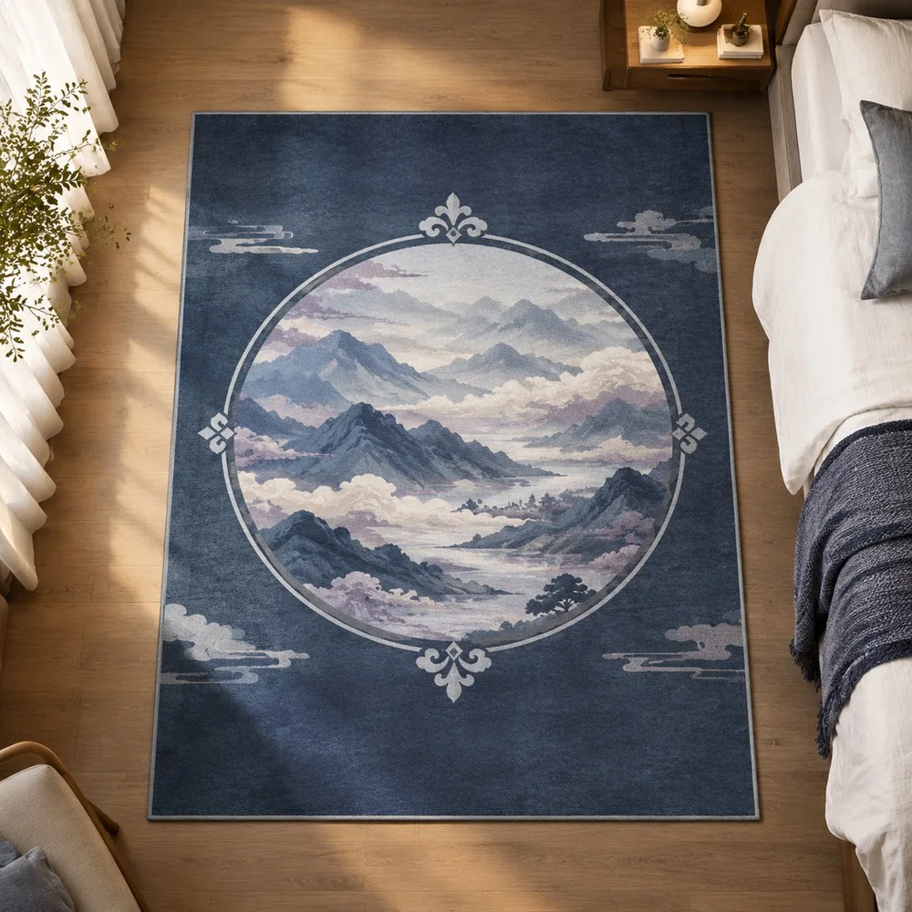 VIKAMA Area Rug Ink Blue Cloud Sea Layer Marble Modern Washable Bedside Laundry Room Staircase Master Bedroom Home Decoration