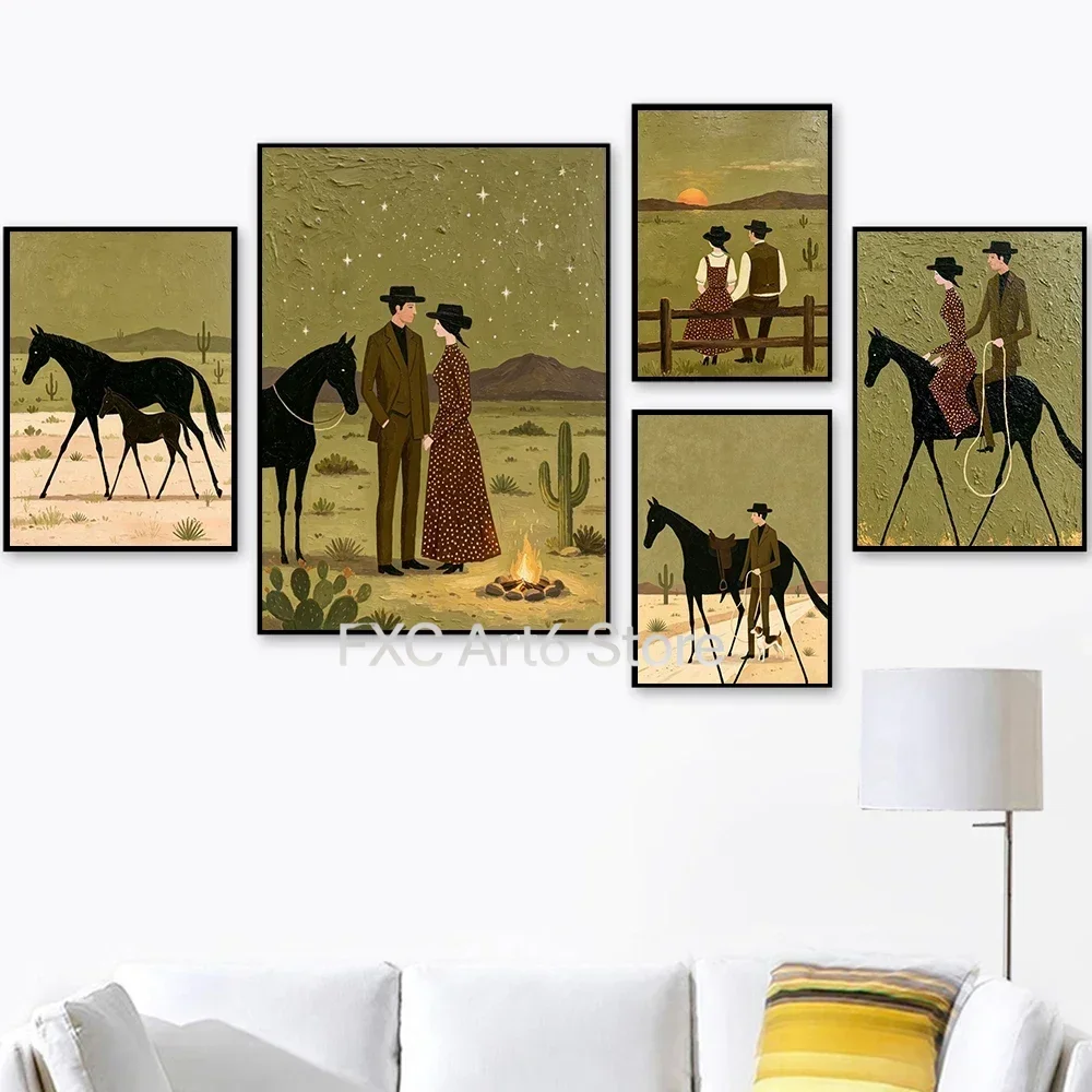 1PCS frameless Canvas Painting Cuadro De Pared De Lona Con Motivos De Vaquero Y Vaquera De Estilo Vintage, Pintura Folclórica An