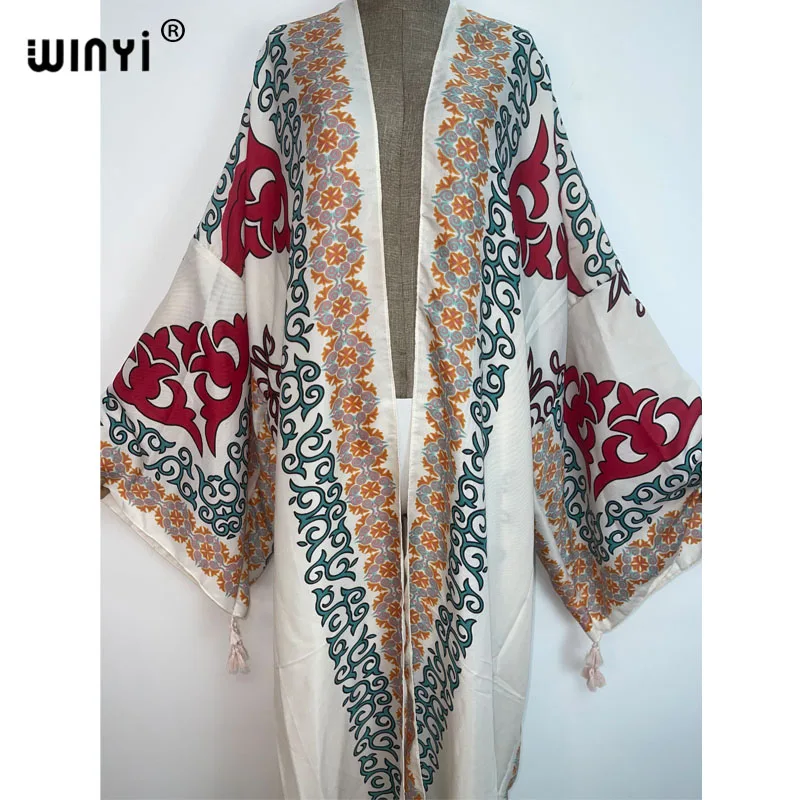 2022 WINYI Summer Beach Wear Swim Suit Cover up sweet lady boho Cardigan cotton feeling sexy Holiday long Sleeve Kimono kaftan