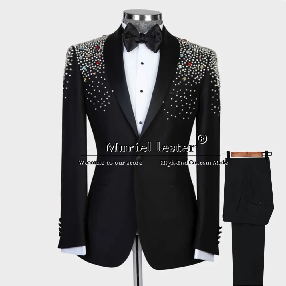 Colorful Crystals Beaded Suits Men For Wedding Tailored Made Black Shawl Lapel Jacket Pants 2 Pieces Bridegroom Tuxedo Clothing