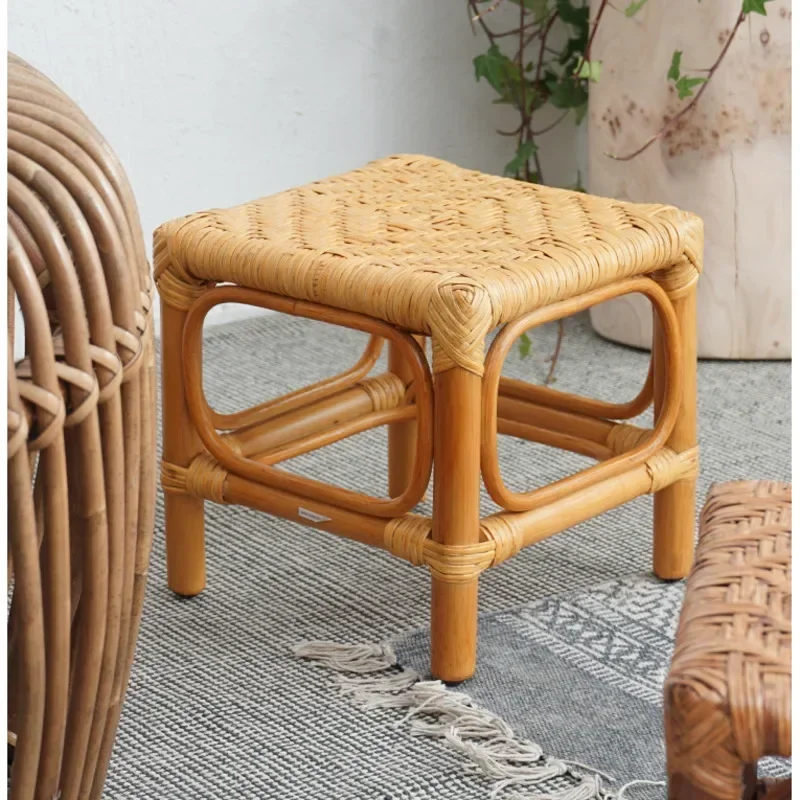 Simple Homestay Square Stool Retro Rattan Woven Children's Chair Comfortable Seating Hallway Ottoman Practical Shoe Bench