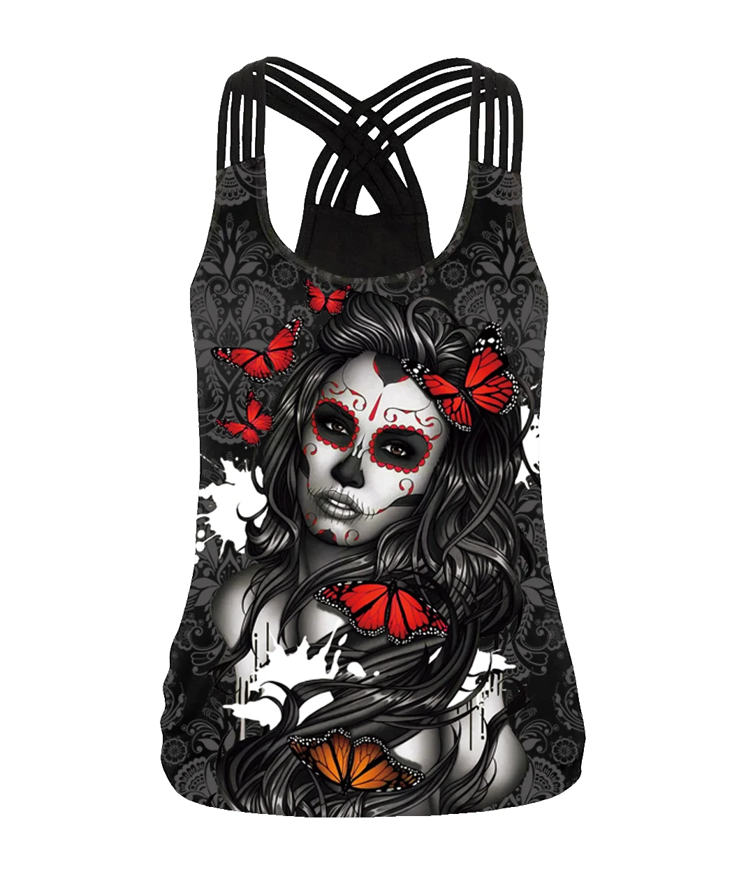 [You're My Secret] Summer Halloween Skull Women's Tank Tops 3D Digital Printed Girl Gothic Style Sling Top Sexy Backless Vest