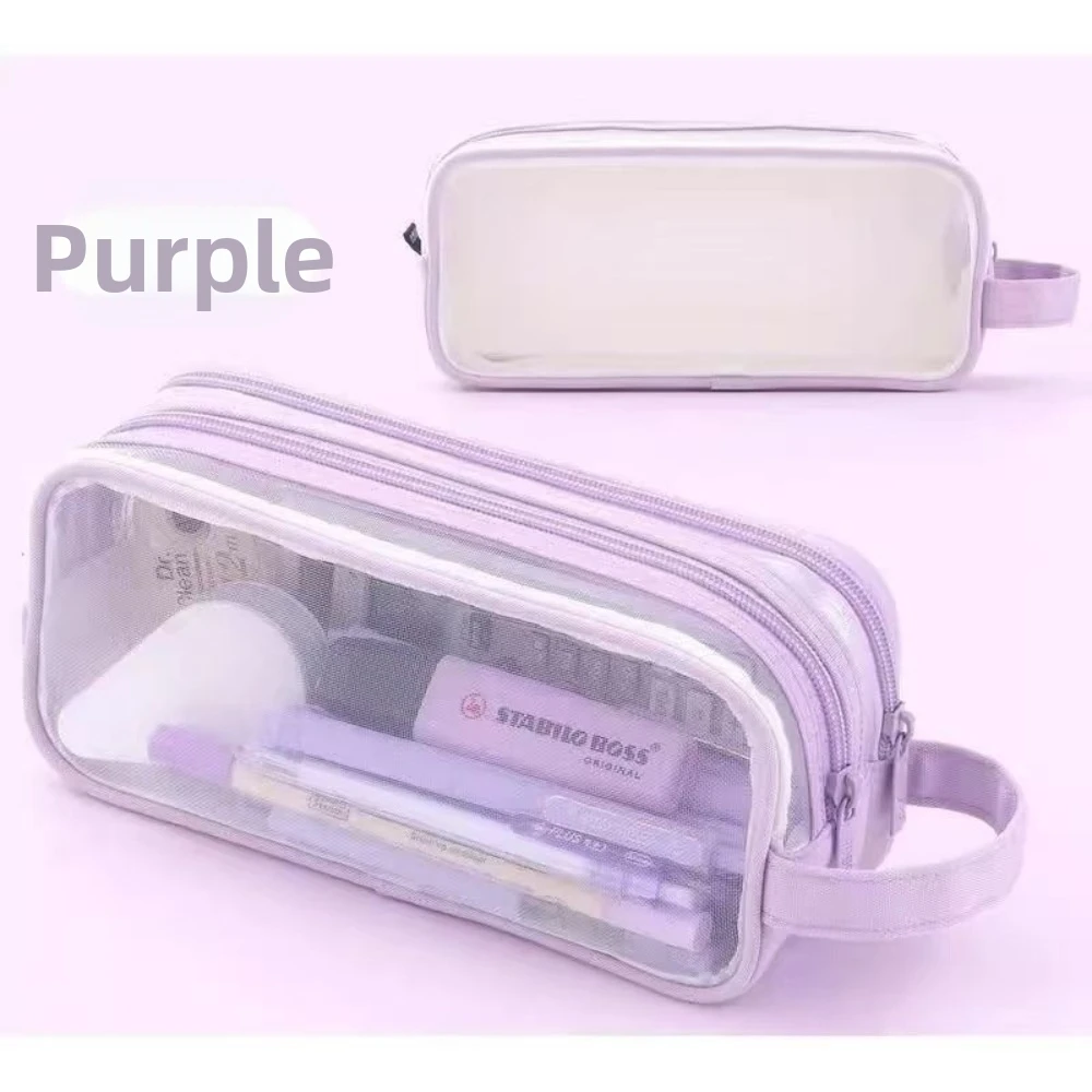 Double Layer Mesh Pencil Case Portable Design Clear Transparent Transparent Pencil Bag Exam Special Edition Minimalist Style