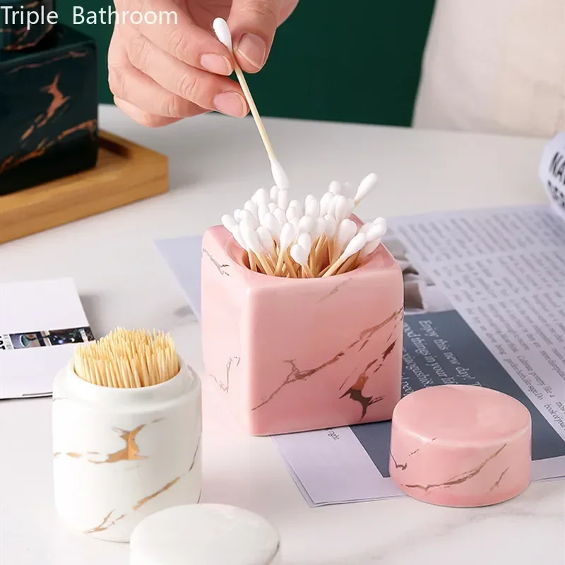 Ceramic with Cover Dust Proof Organizer Cotton Swab Cartridge Nordic Marble Stripes Toothpick Holder Bathroom Accessories