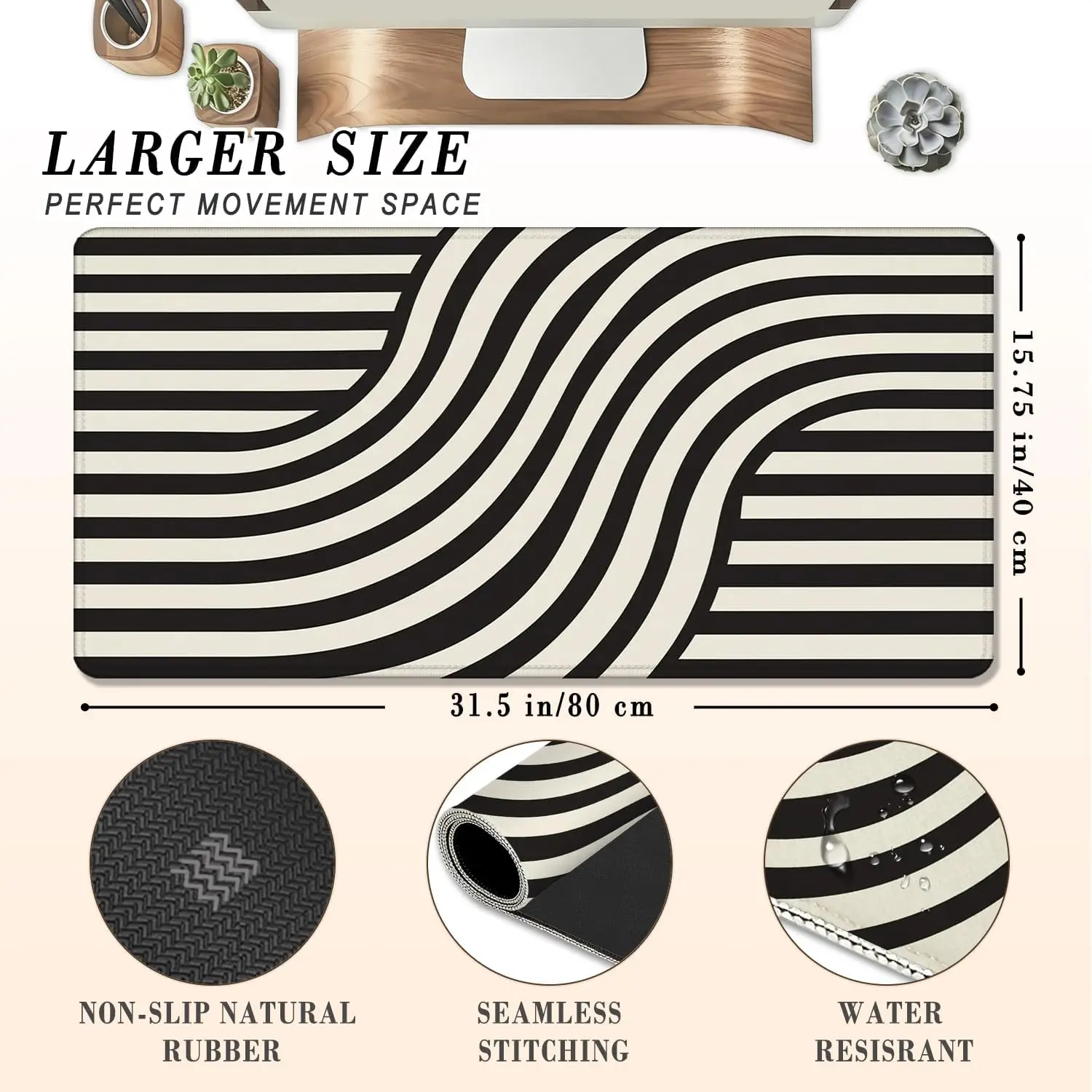 Modern Warped Stripe Gaming Mouse Pad, Abstract Swirl Black Off‑White Geometric Art Print, Non‑Slip Smooth Edge Mat Home Gaming
