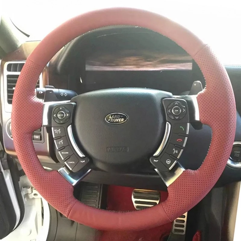 

Для Land Rover Range Rover 2003-2012 Нескользящий красный чехол на руль из натуральной кожи с ручной прошивкой