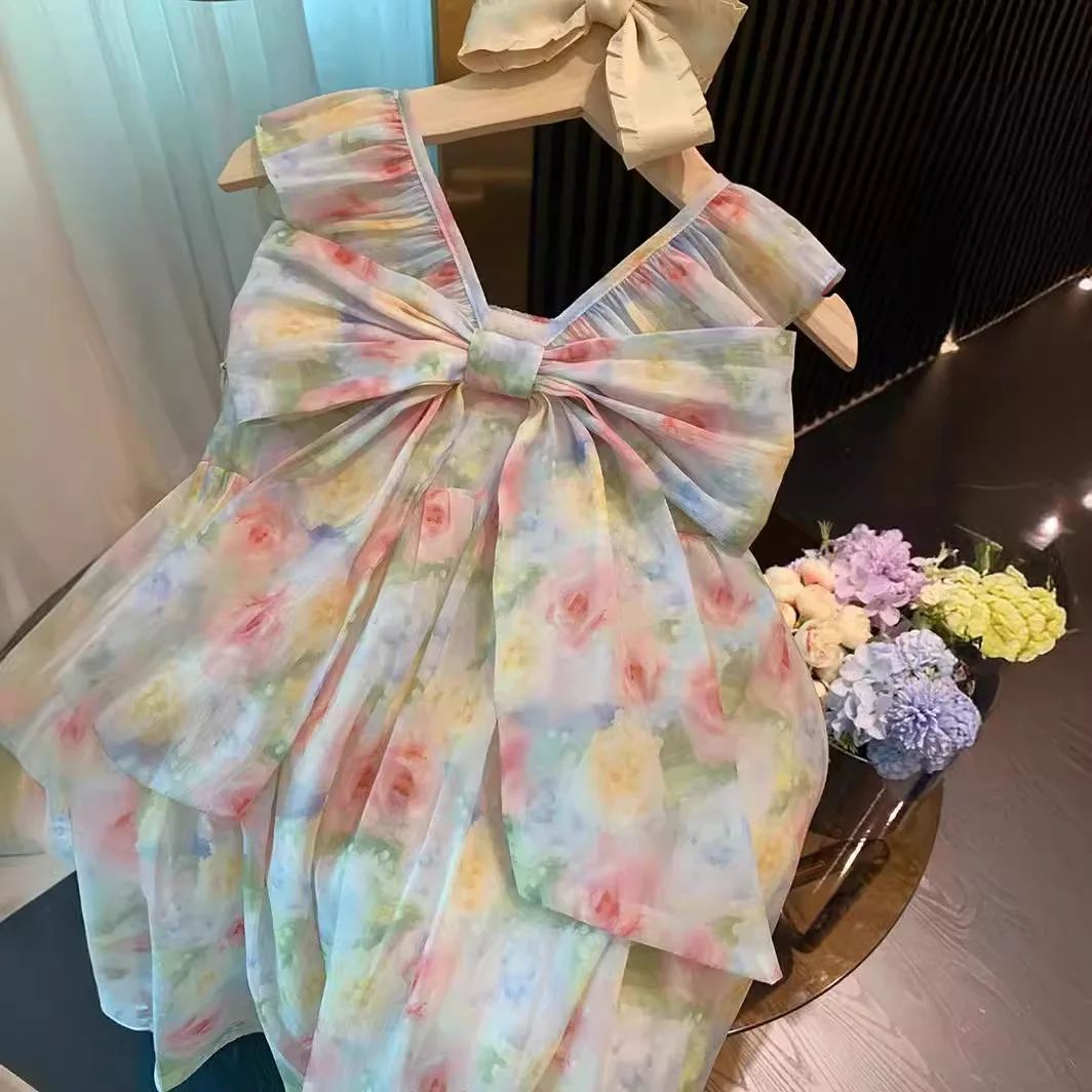 Girls' floral sleeveless vest dress with bow 2025 summer dress chiffon baby girl princess dress