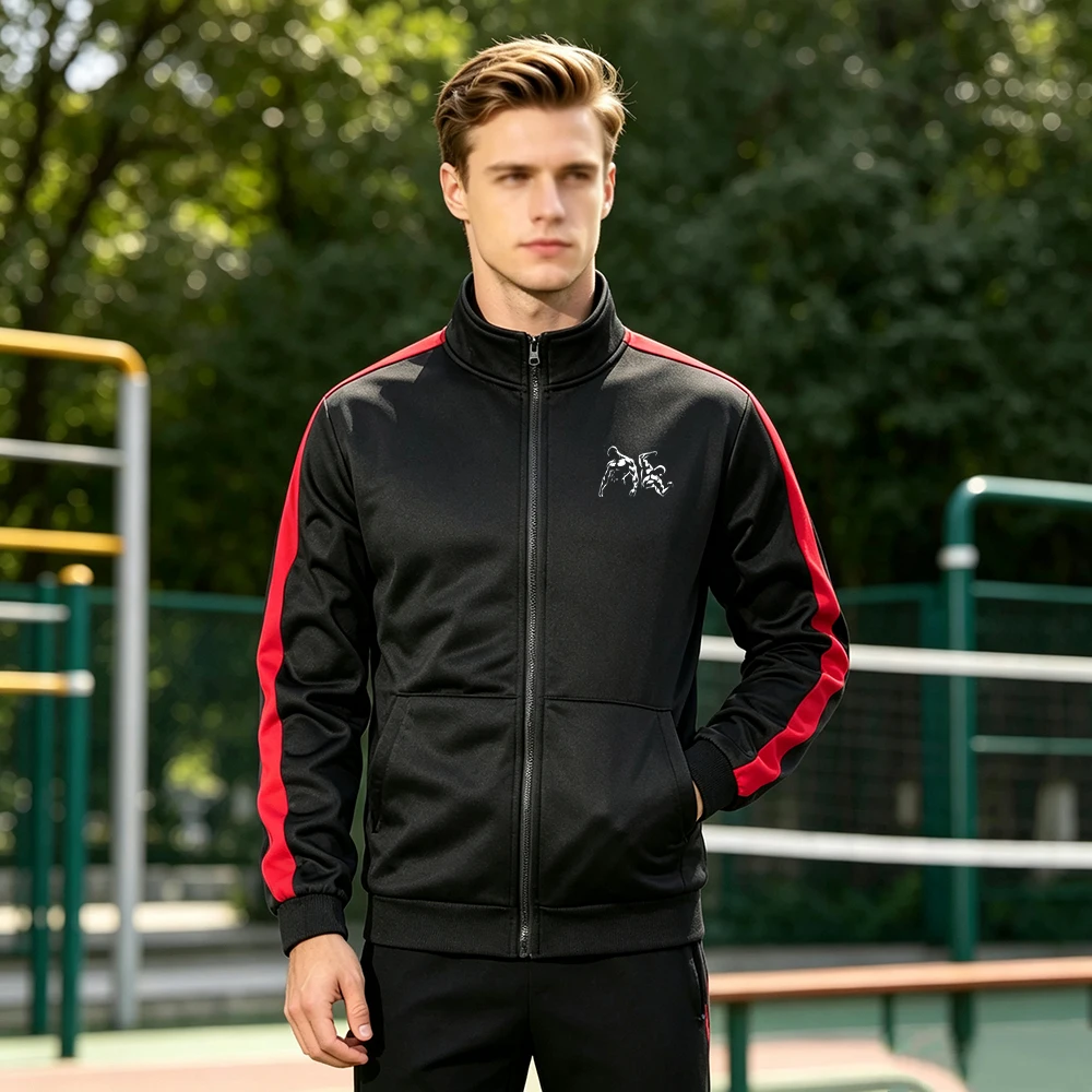 Men's Colorblock Patchwork Stand Collar Jacket Fitness Athlete Print with Pocket Fall Spring Warm Long Sleeve Zip Up Coat Tops
