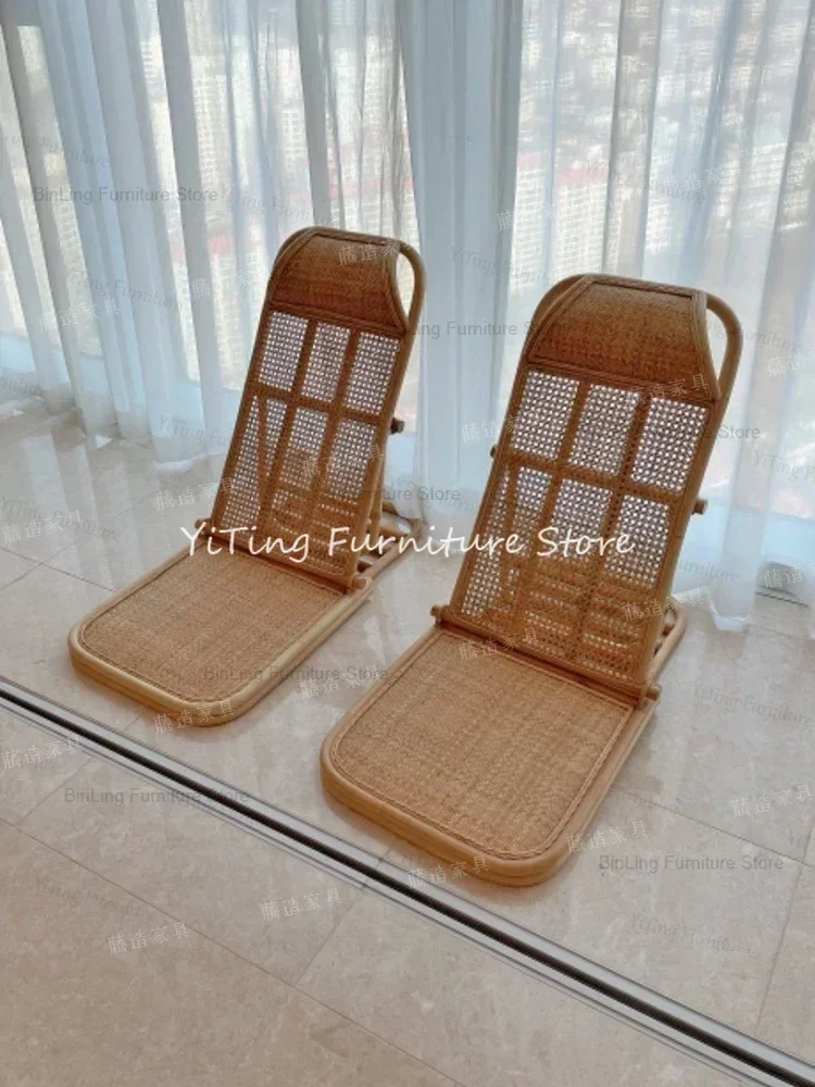 Ins Rattan Beach Chair Backrest Tatami Portable Camping Leisure Rattan Chair Multi-functional Folding Recliner Outdoor Furniture