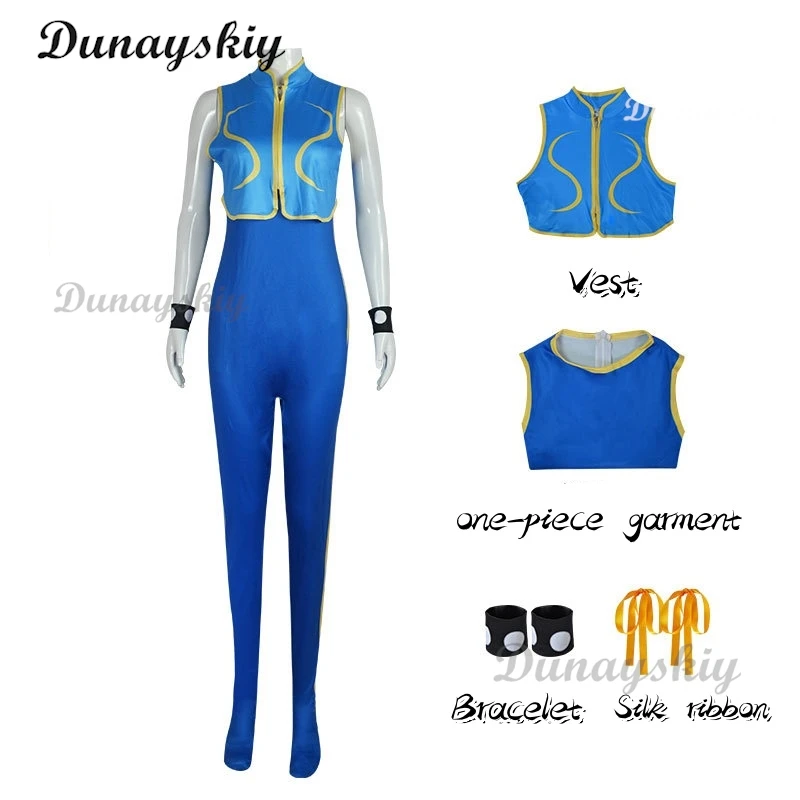 Game Chun Li Cosplay Costume Wig Blue ChunLi Superhero Jumpsuit Woman Girls Carnival Party Dress Bodysuit Zentai Suit Customized