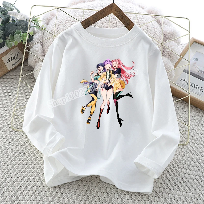 KPop شيطان الصيادين الطفل طويلة الأكمام تي شيرت رومي ميرا زوي طباعة ملابس علوية من القطن الفتيات Kawaii الصيف عادية تيز هدايا عيد الميلاد