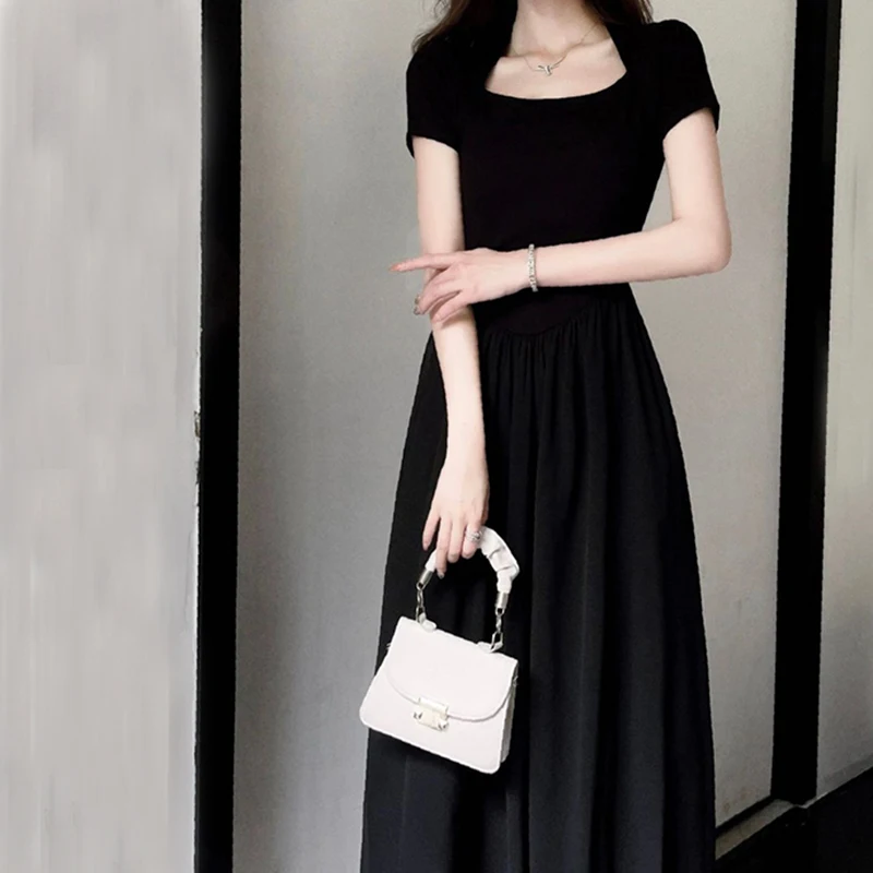 Gidyq Black A Line Dress Women Korean Fashion Elegant Slim Fit Dress Ladies Summer Solid Square Collar High Waist Vestidos New