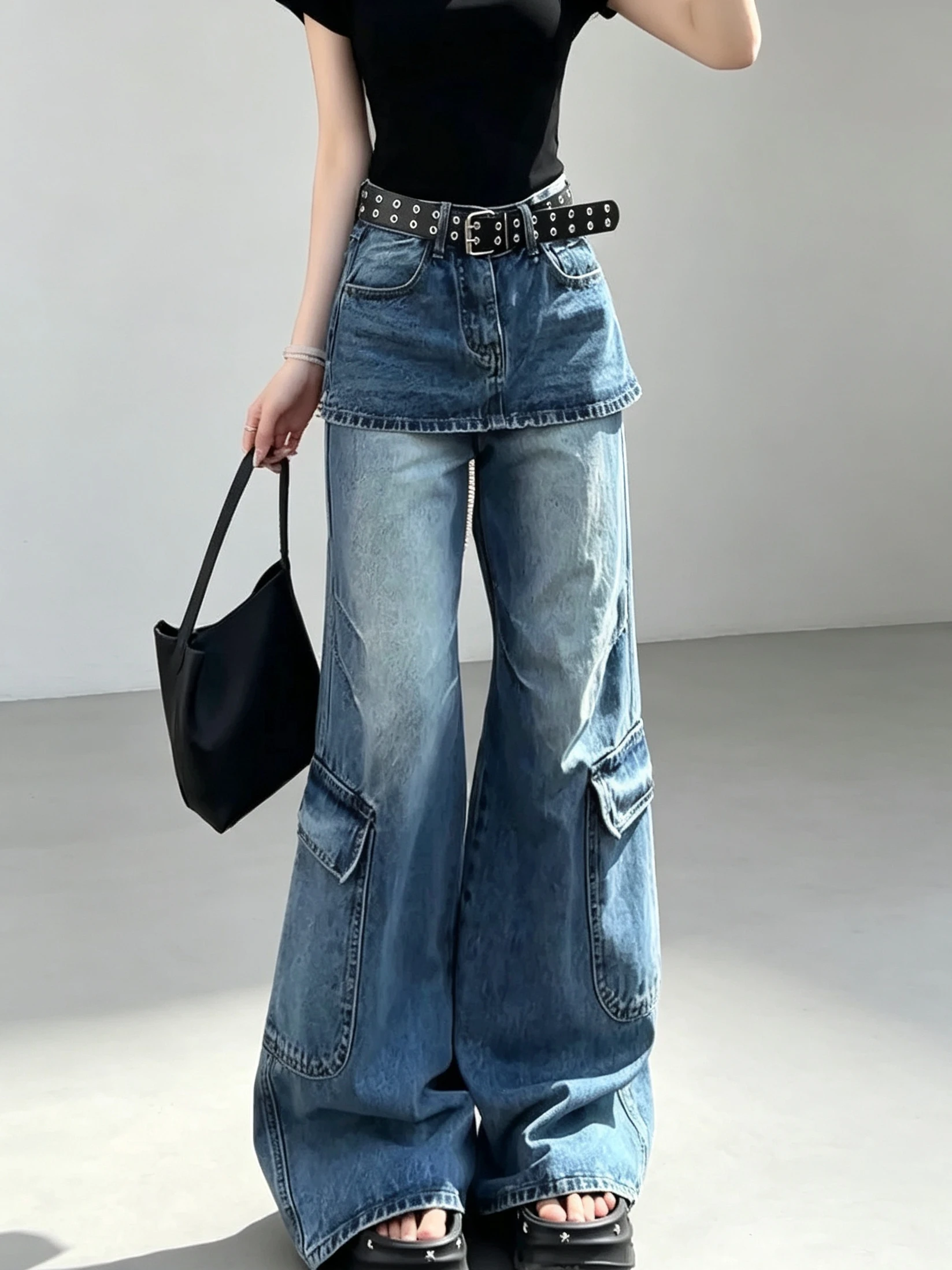 American Retro Design Sensation Fake Two-Piece Cheek Curtain Denim Pants Women's Fashion Slimming Micro Flared Trendy Jeans