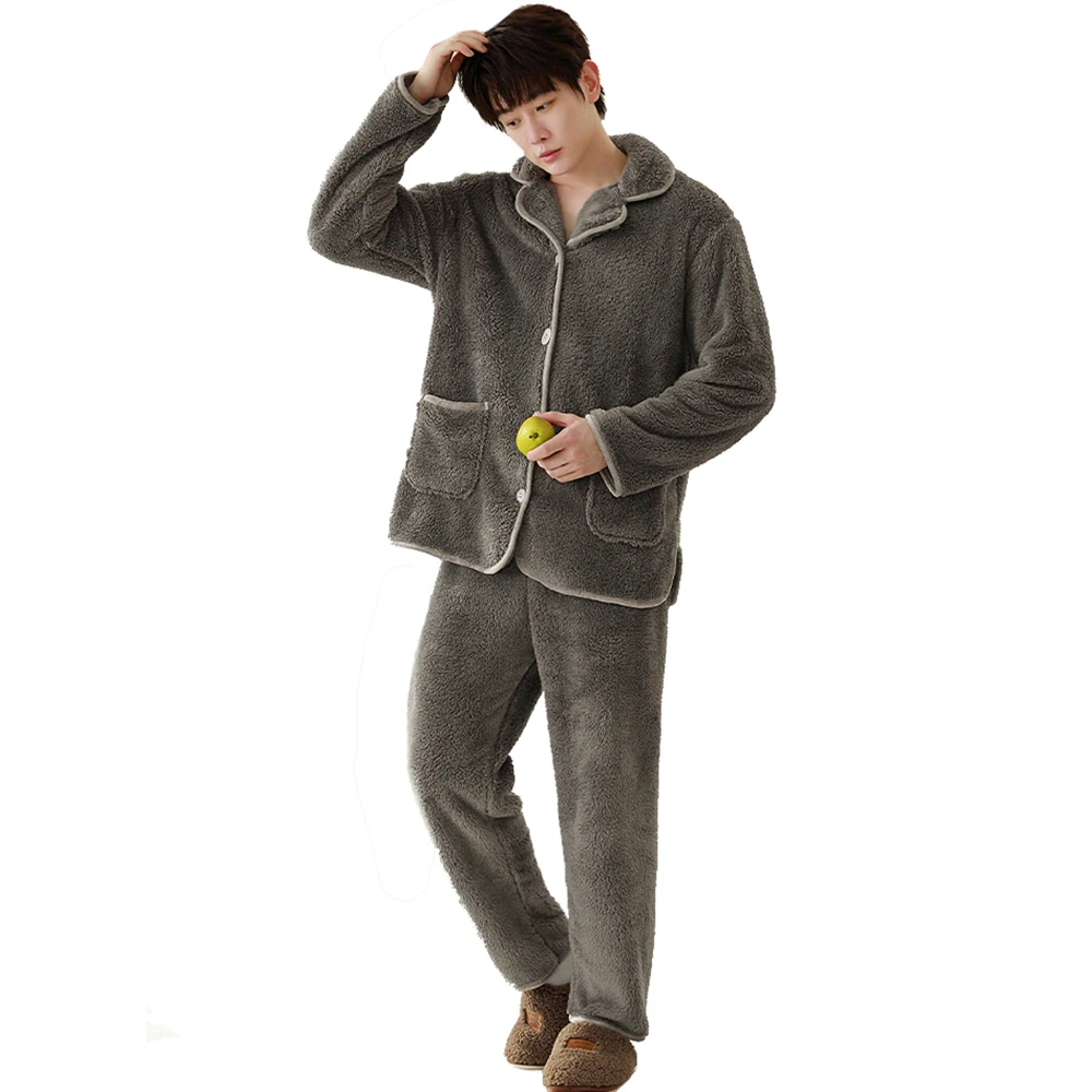 Winter Long Sleeve Thick Warm Flannel Pajamas Sets for Men Cozy Coral Fleece Sleepwear 2 Pieces Man Flannel Lounge Set Homewear