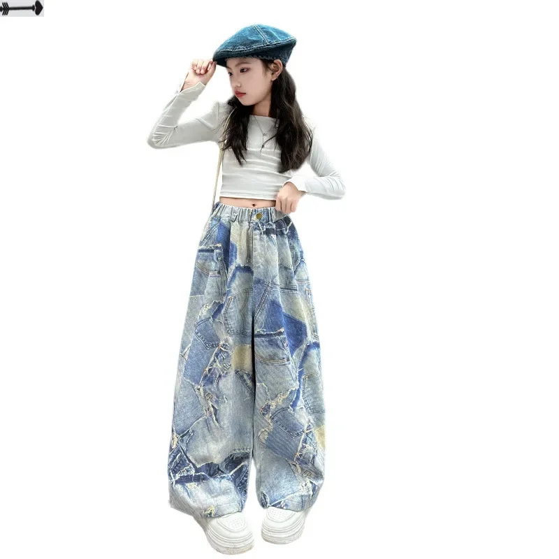 Spring Autumn Teenager Girls Denim Wide Leg Pants Children Trousers New Fashion Tie Dye Design Girls Jeans 5-14 Yrs Kids Clothes