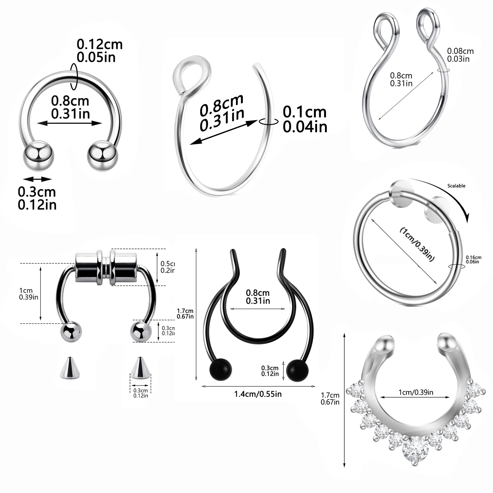 3pcs Magnetic Fake Nose Rings - Stainless Steel Horseshoe Septum Hoops, No-Piercing Clip-on Nose Jewelry view 2